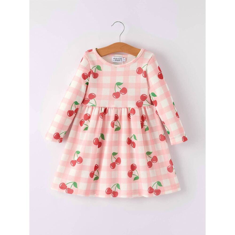 NEW RYLEE FAITH DESIGNS girls cherry long sleeve dress in pink waffle